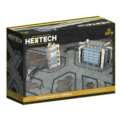 Box of Hextech 'Battlefield in a Box' tabletop terrain, featuring modular grey highways, exits, tunnels, and sci-fi buildings.