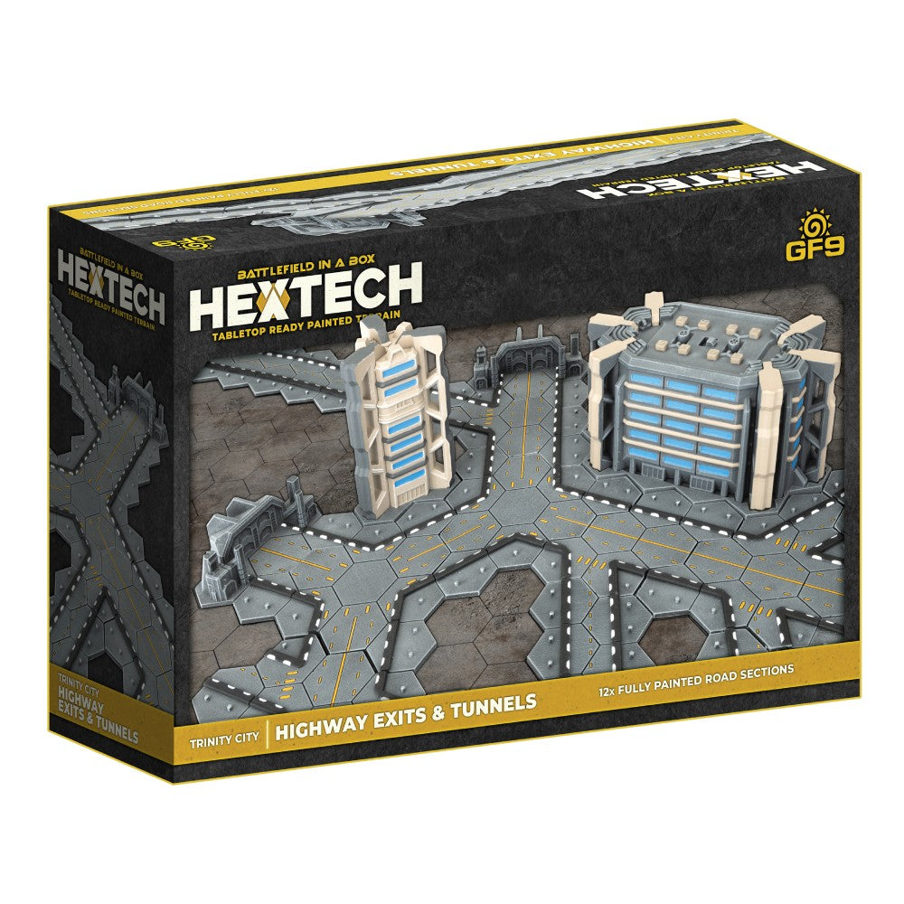 Box of Hextech 'Battlefield in a Box' tabletop terrain, featuring modular grey highways, exits, tunnels, and sci-fi buildings.
