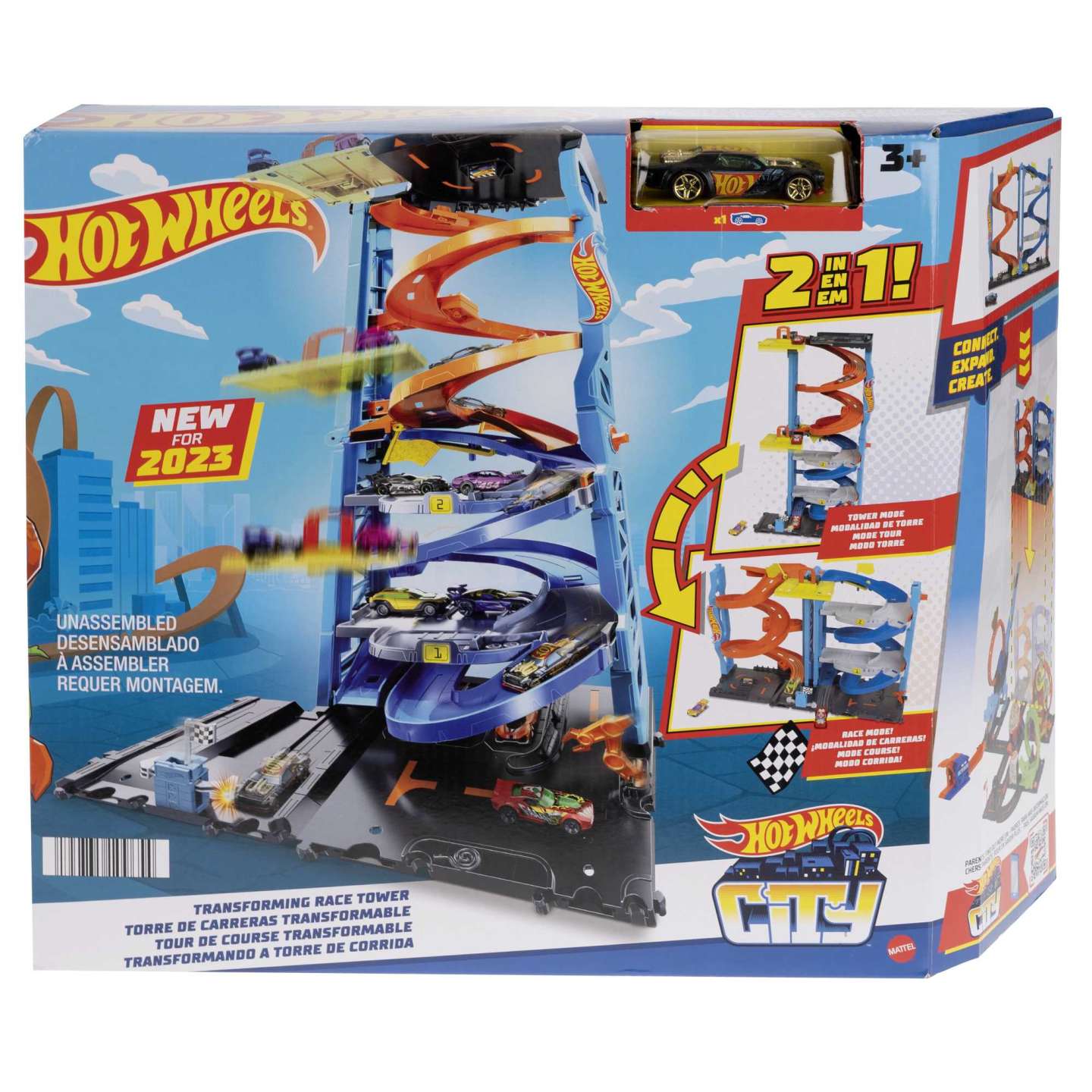 Hot Wheels Transforming Race Tower playset box, showing cars racing on a tall track, transformable into a race set