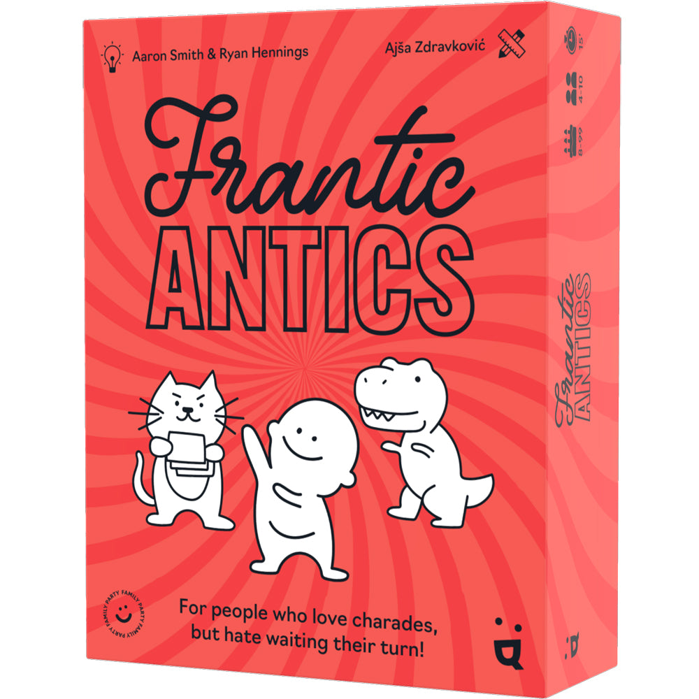 Frantic Antics party game in a bright red box with cartoon characters and game details