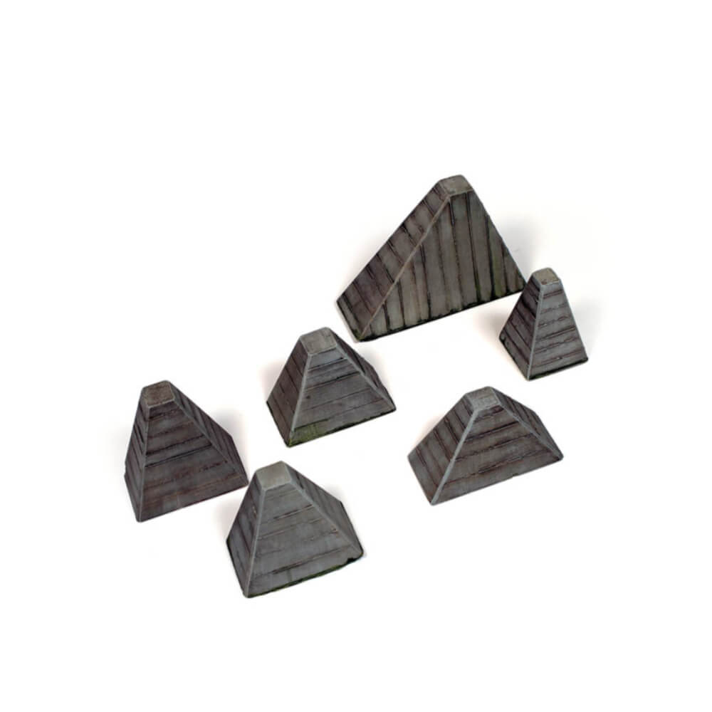 Six gray, weathered plank-textured objects: five small pyramids and one large wedge, on a white background