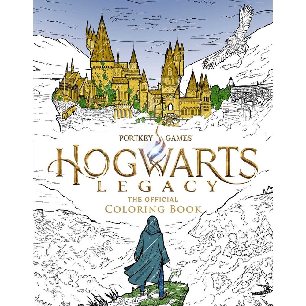 Hogwarts Legacy: The Official Coloring book cover: Golden Hogwarts castle, robed figure gazing up, and a flying owl above line art mountains