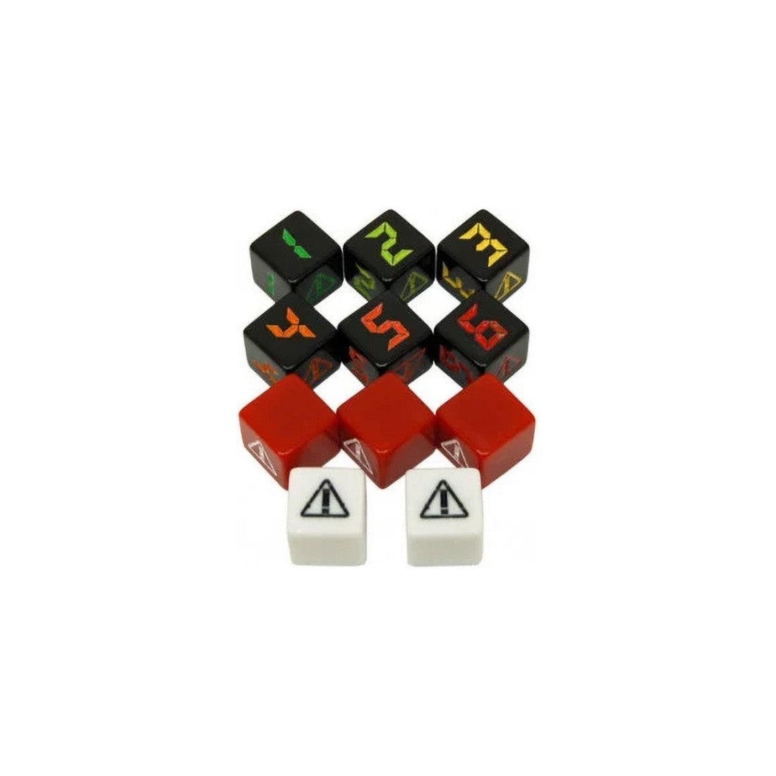 Eleven dice: 6 black with colored numbers, 3 red, and 2 white with warning triangles on white