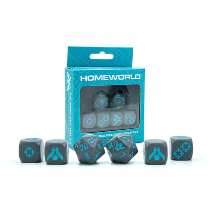 Homeworld RPG dice set: gray polyhedral and 6-sided dice with blue numbers and symbols, next to their light blue box.
