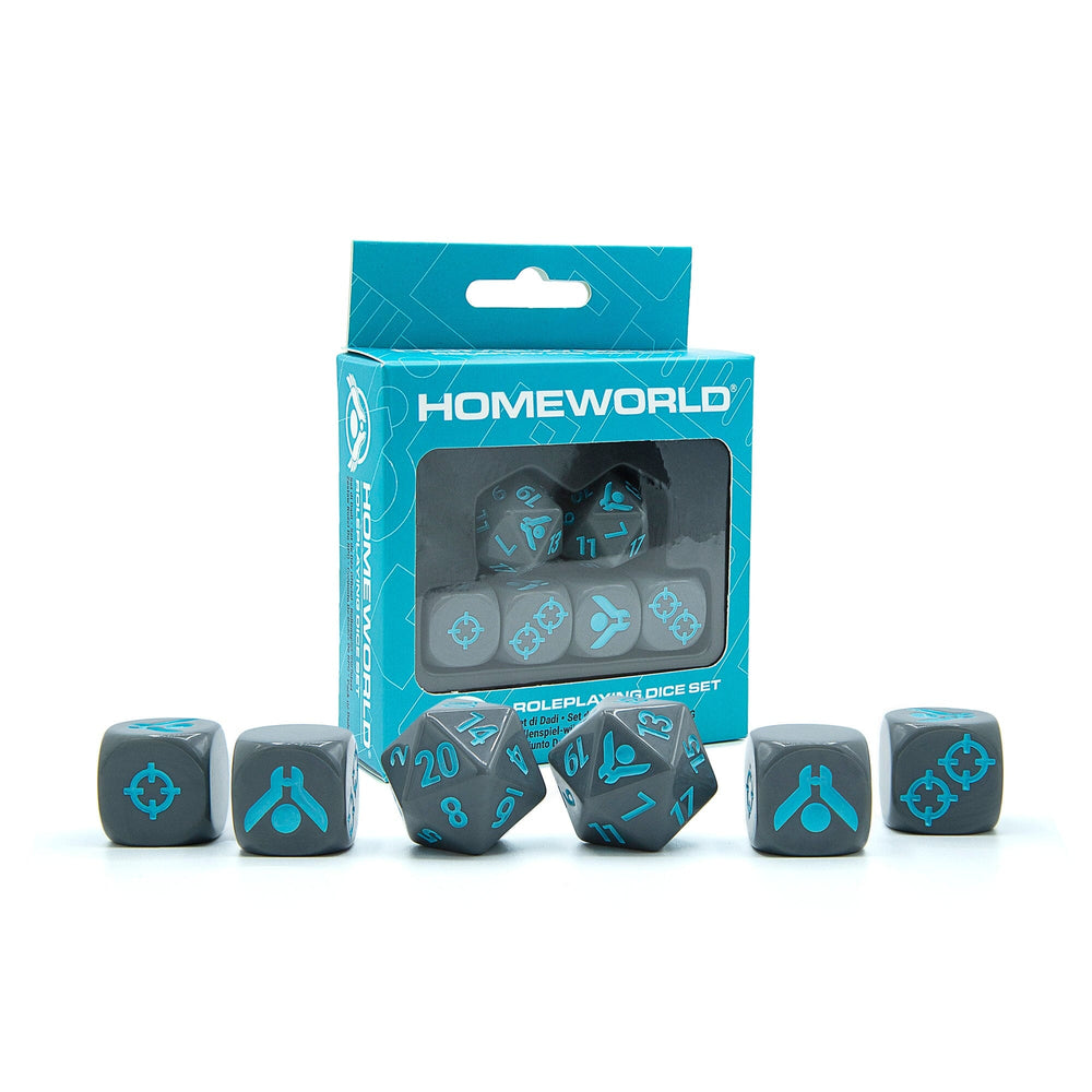 Homeworld RPG dice set: gray polyhedral and 6-sided dice with blue numbers and symbols, next to their light blue box.