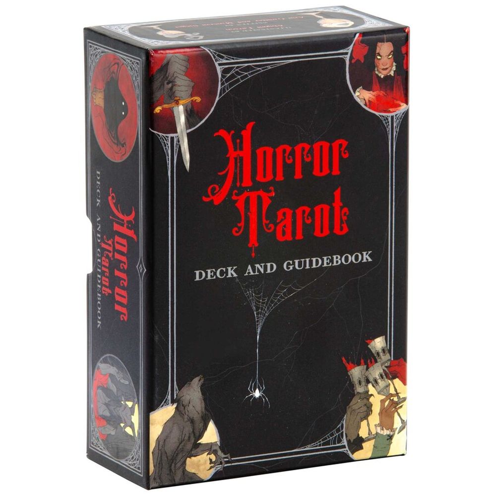 A black box for the 'Horror Tarot Deck and Guidebook,' featuring red gothic text and dark, spooky illustrations