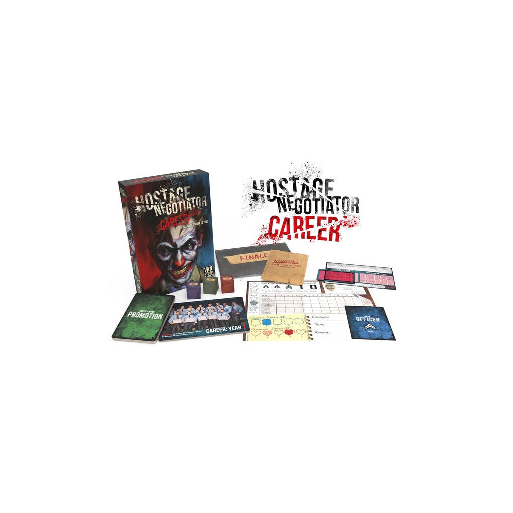 Hostage Negotiator: Career board game box with unsettling clown art and its components laid out