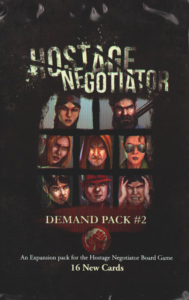 Cover for Hostage Negotiator: Demand Pack #2 board game expansion, featuring a grid of diverse, intense character faces