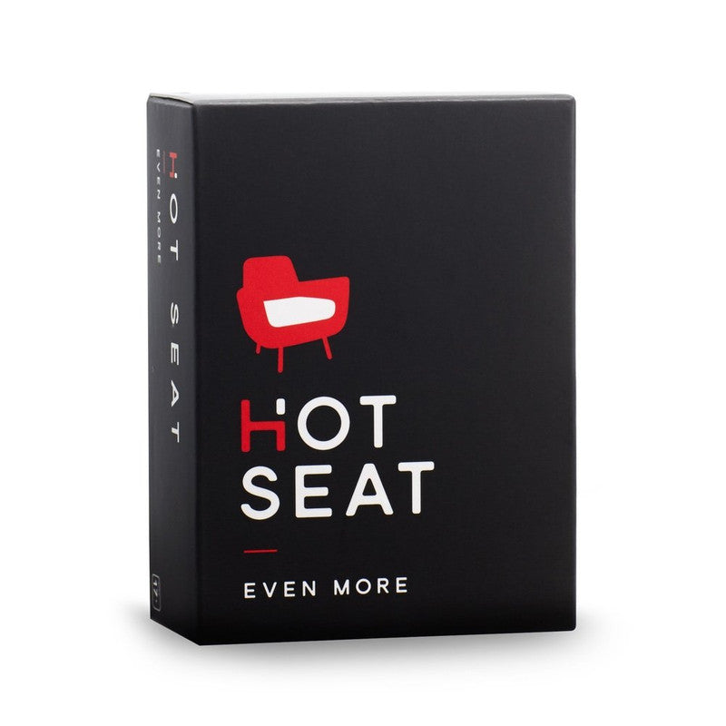 Black Hot Seat Even More card game box with a red chair graphic