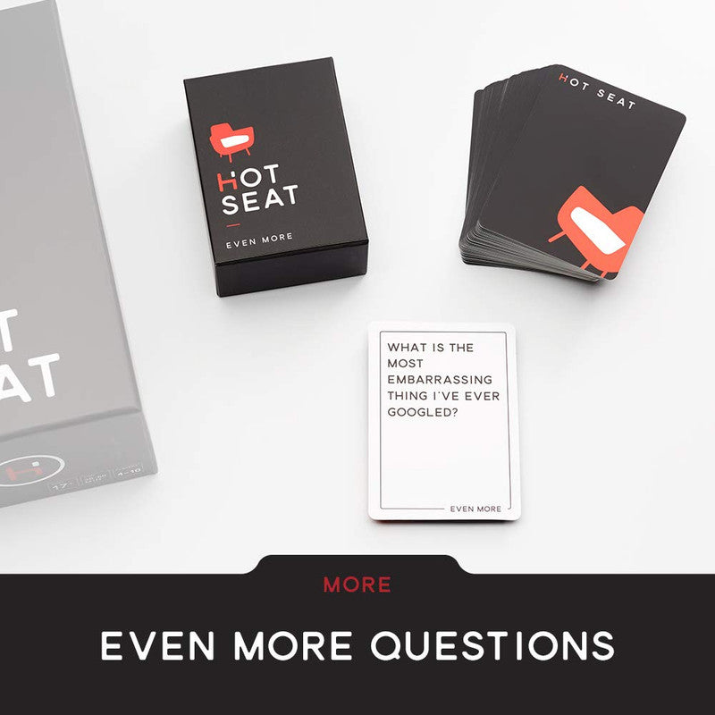 Hot Seat Even More Expansion Pack game box card deck and a question card reading What is the most embarrassing thing I&#39;ve ever Googled