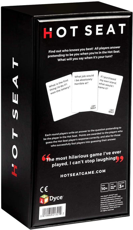 Black Hot Seat card game box with game title in white and red describing game play and featuring card examples