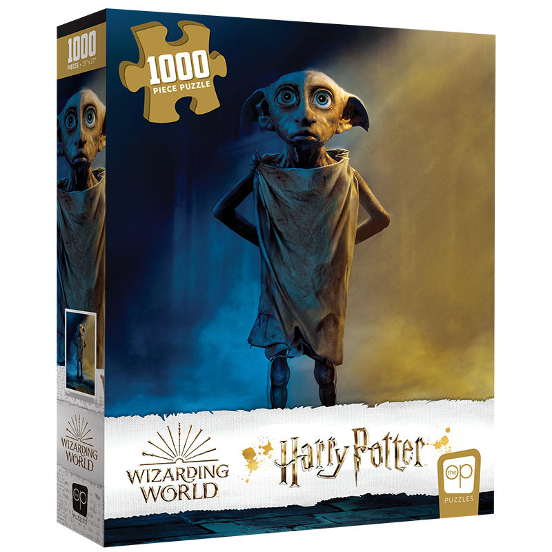 Harry Potter 1000 piece puzzle box: Dobby the house-elf in a tattered cloth, against blue and gold light