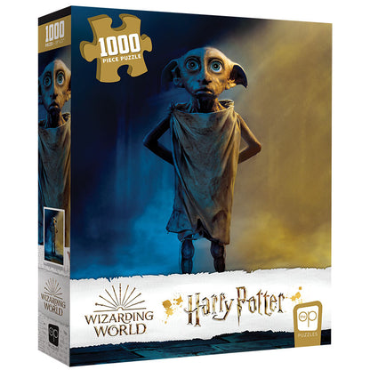 Harry Potter 1000 piece puzzle box: Dobby the house-elf in a tattered cloth, against blue and gold light