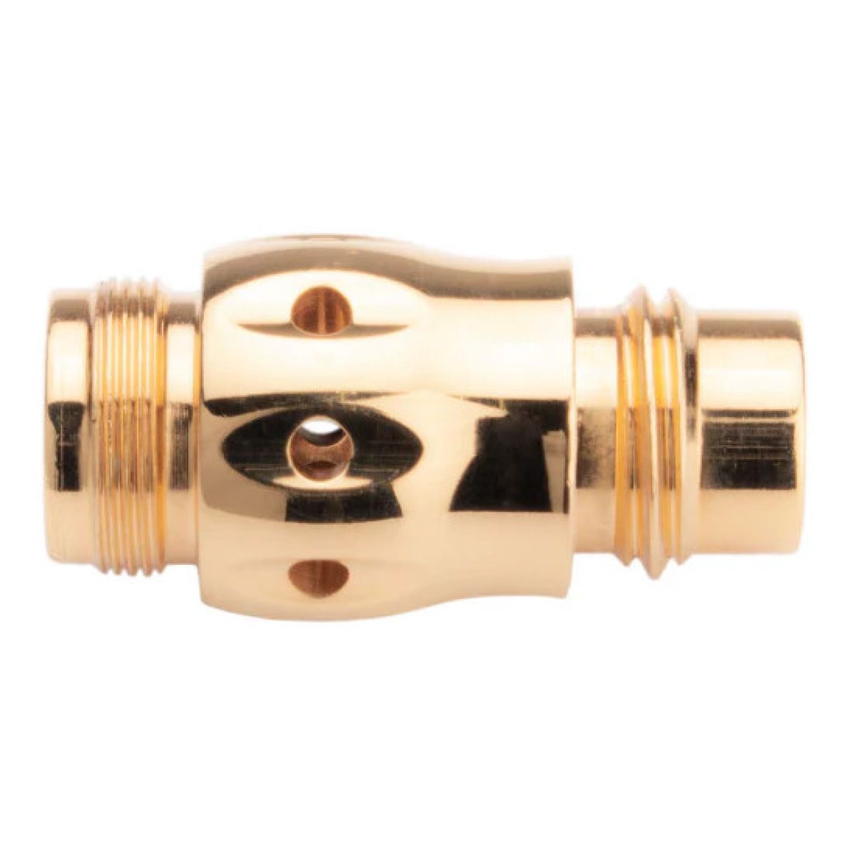 A gold airbrush middle piece with threaded ends and three small ventilation holes on one side