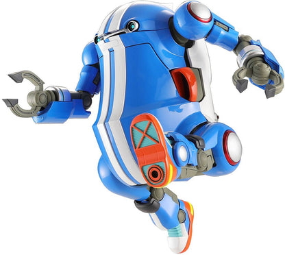 Blue robot with white racing stripes and mechanical claw arms posed mid-air