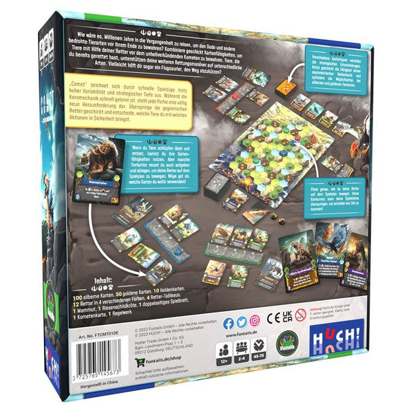 Comet board game box back showing game board cards and player components
