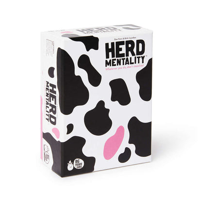 Herd Mentality game box with a cow print design and black and pink spots