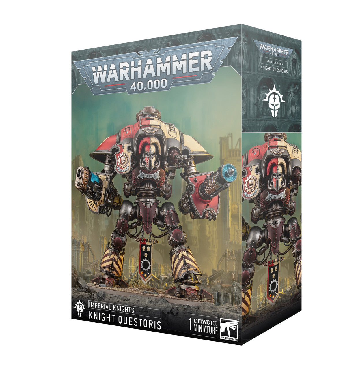 Box art featuring the Warhammer 40K Imperial Knight Questoris, a large red and cream armed war machine