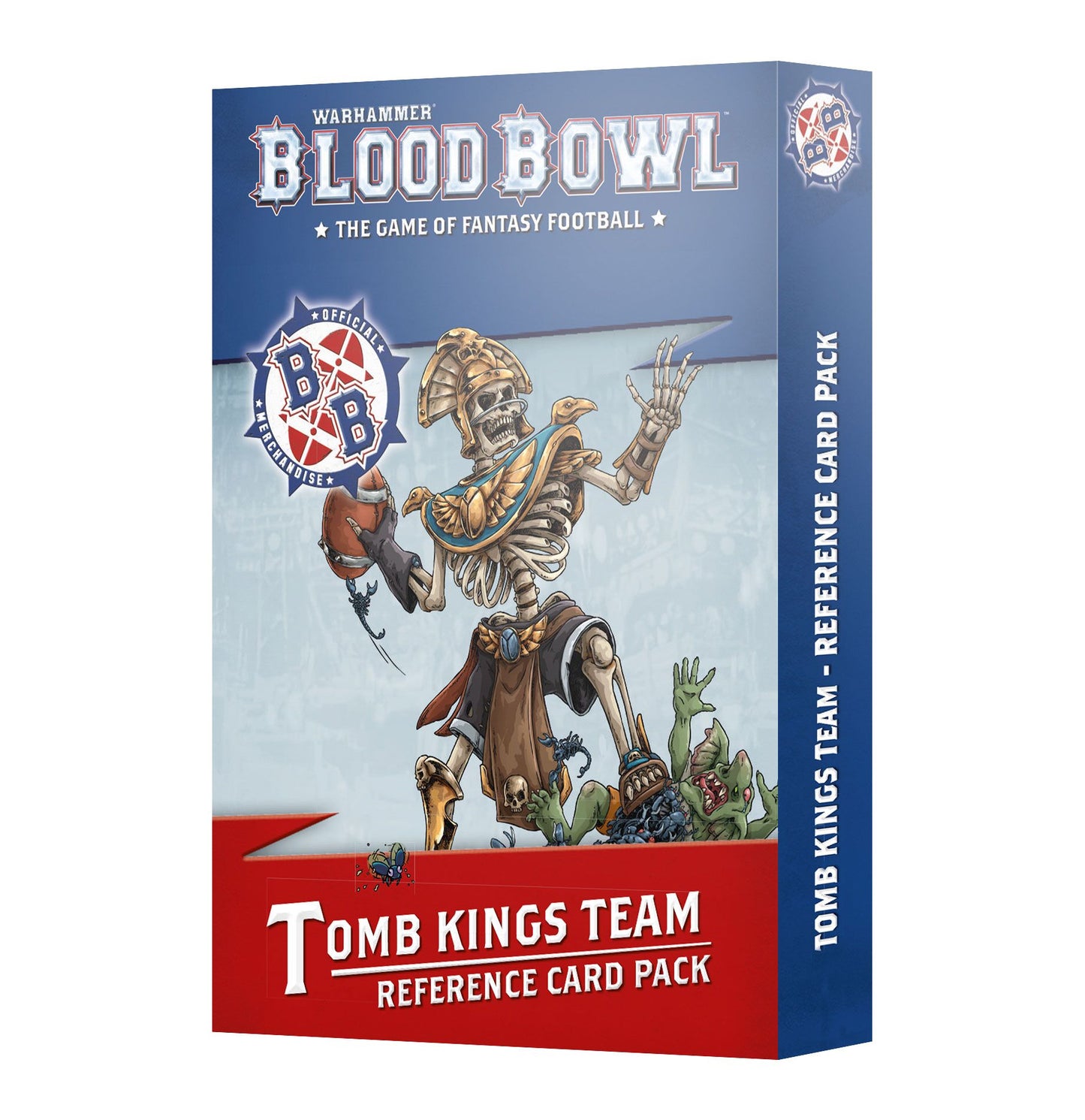 Blood Bowl: Tomb Kings Team Reference Card Pack box art. An undead player with a football steps over fallen goblins