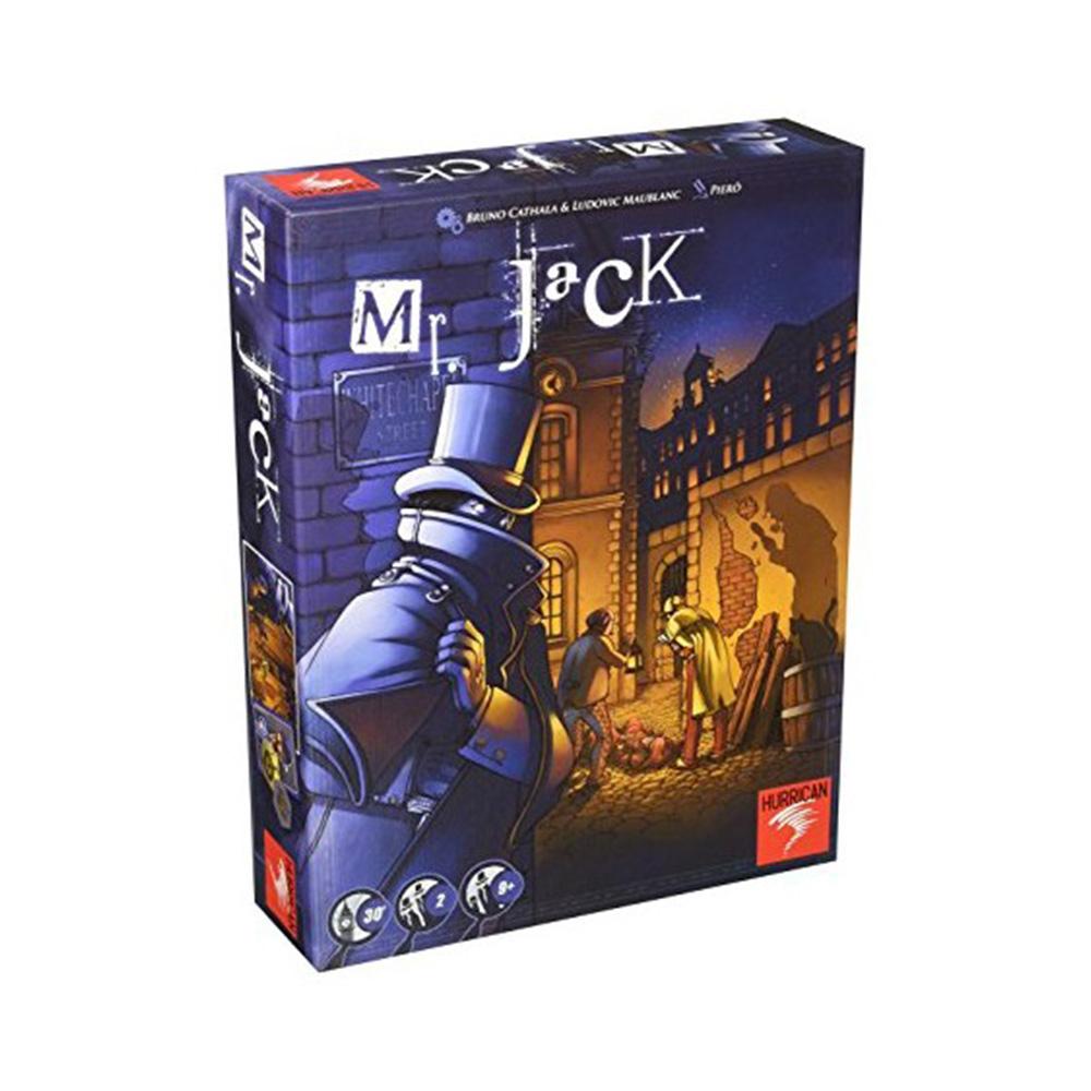 Mr. Jack board game box: A man in a top hat and trench coat overlooks a dark Whitechapel street scene.