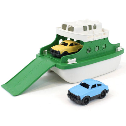 White and green Green Toys Ferry Boat toy with a deployed ramp, one yellow car inside, and one blue car nearby