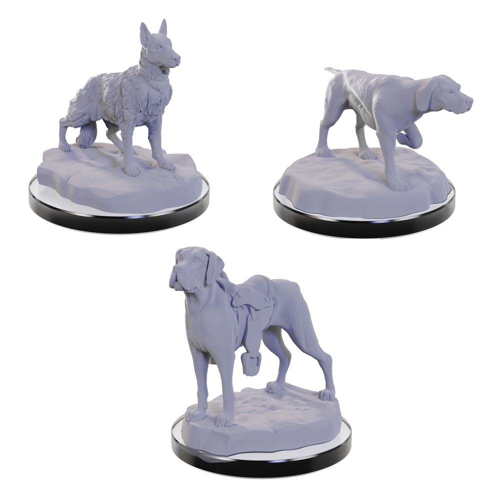 Three unpainted Grey dog models on bases: one alert, one pointing, and one standing with a saddle