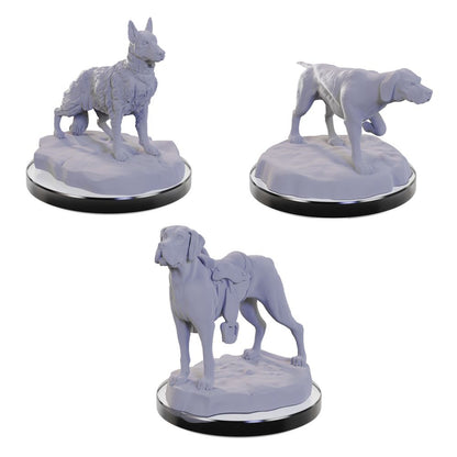 Three unpainted Grey dog models on bases: one alert, one pointing, and one standing with a saddle