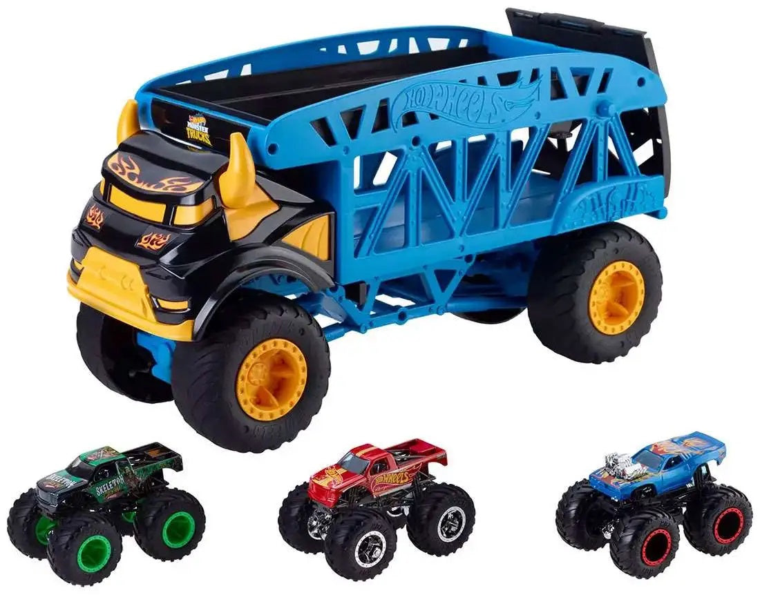 Hot Wheels Monster Trucks toy set featuring a black bull-themed carrier with a blue trailer and three smaller monster trucks