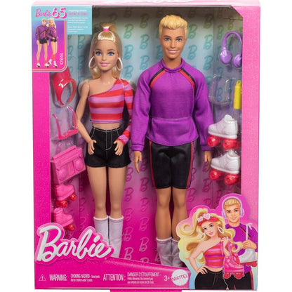 Barbie and Ken dolls in 1980s-inspired roller-skating outfits -  packaged in a pink box with pink accessories