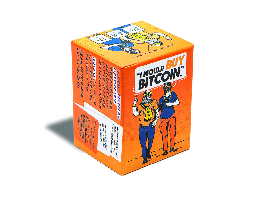 Orange I WOULD BUY BITCOIN card game box with humorous meme illustrations of Bitcoin enthusiasts
