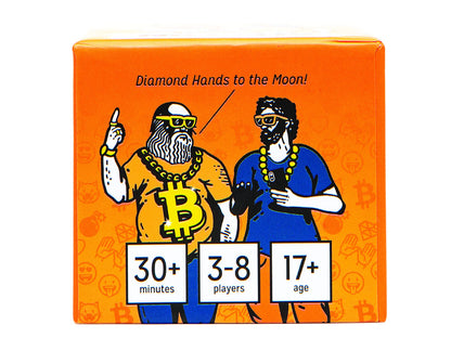 Diamond Hands to the Moon card game box orange with illustrated figures game stats 30 minutes 3-8 players 17 age