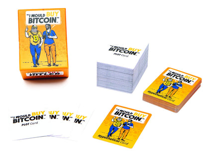 Orange box and cards for I Would Buy Bitcoin meme card game with cartoon characters on box and cards
