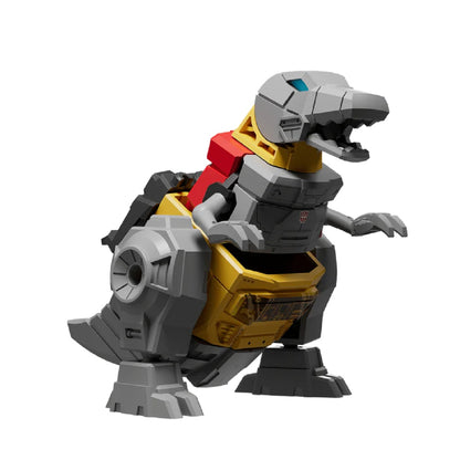 Building brick model of Grimlock, the gray and yellow T-Rex Transformer