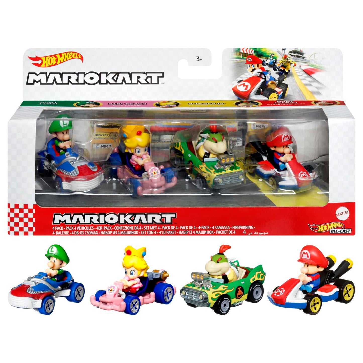 A Hot Wheels Mario Kart 4-pack of Luigi, Baby Peach, Bowser Jr., and Baby Mario racing figures