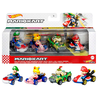 A Hot Wheels Mario Kart 4-pack of Luigi, Baby Peach, Bowser Jr., and Baby Mario racing figures
