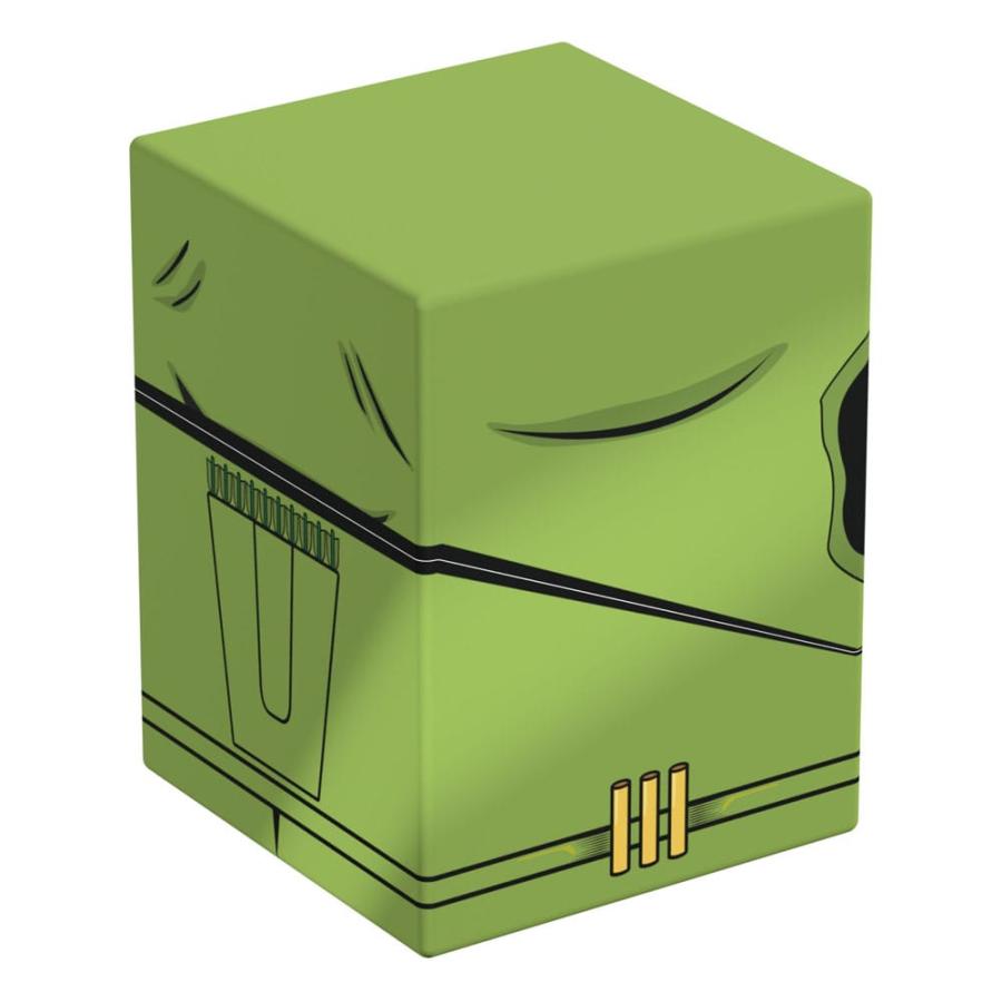 Lime green deck box with black and brown line art resembling Mandalorian helmet or armor details