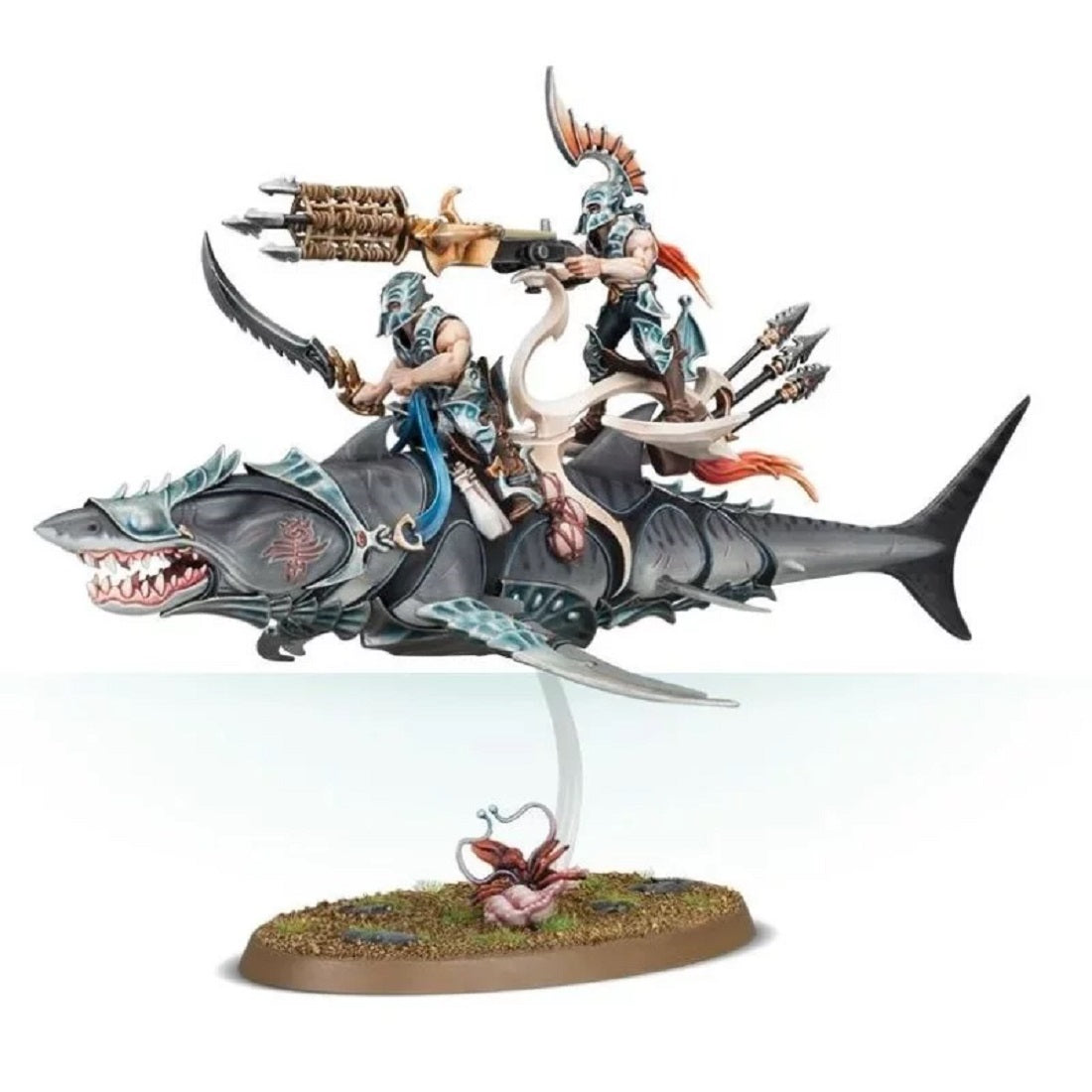 Miniature of two armored Aelf riders on a flying gray shark war machine, wielding weapons