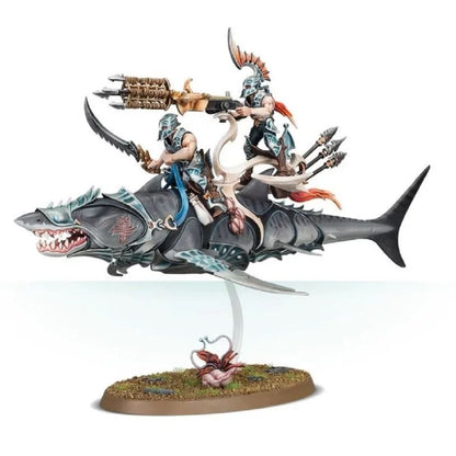 Miniature of two armored Aelf riders on a flying gray shark war machine, wielding weapons
