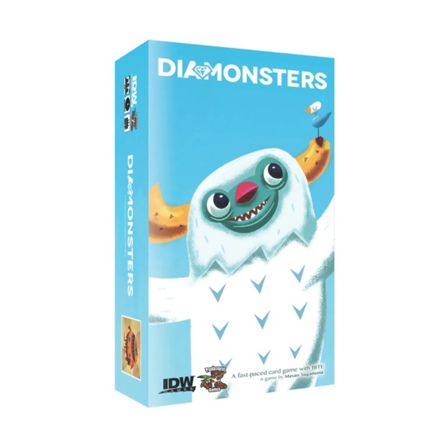 Diamonsters card game box with cover art of a large, white, furry monster smiling on a blue background