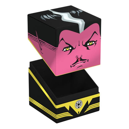 Sinestro deck box with pink lid featuring his face and black base displaying the Yellow Lantern Corps symbol