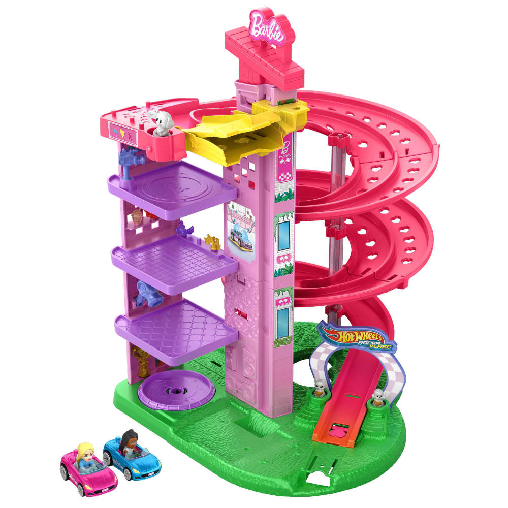 Hot Wheels RacerVerse Barbie Spiral Race Track  playset: multi-level pink and purple garage with spiral track, two toy cars, and dolls
