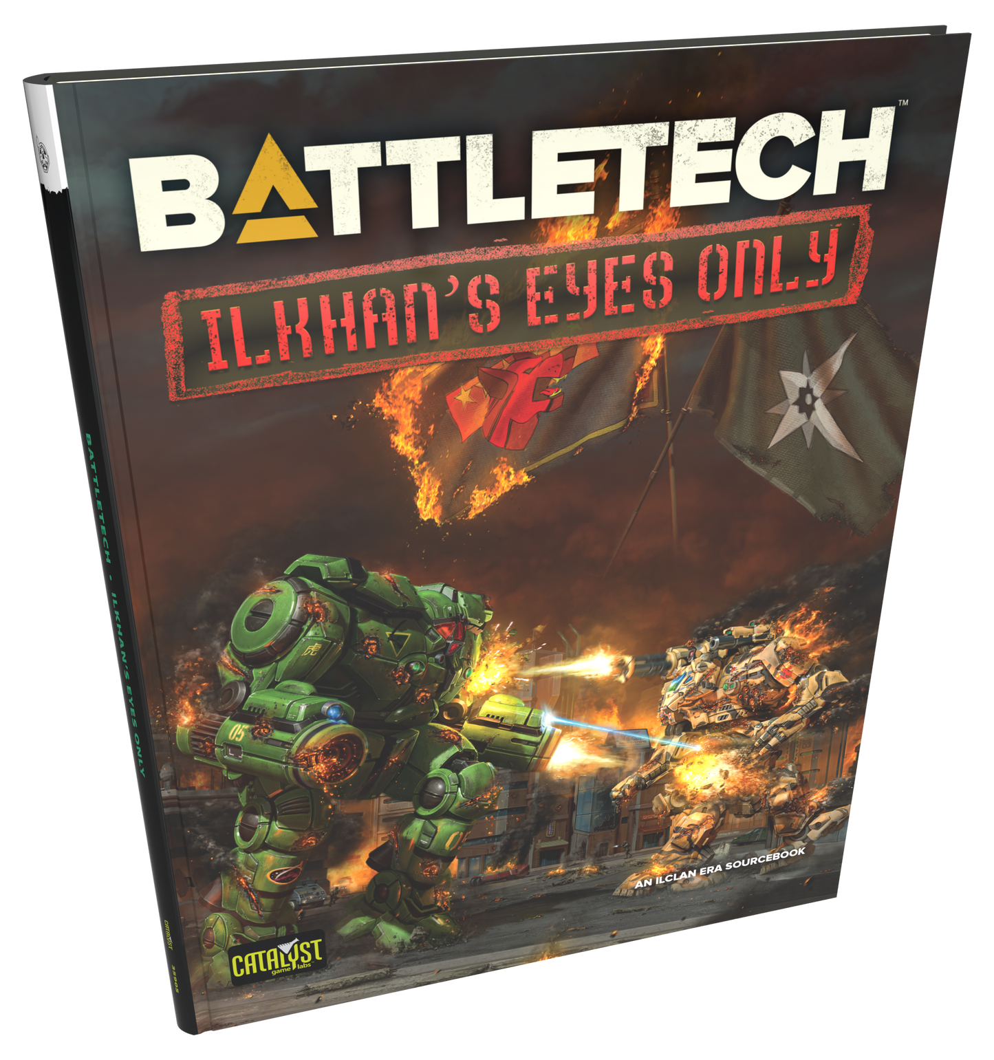 Battletech Ilkhan's Eyes Only sourcebook cover, a green Mech and a tan Mech battle in a burning cityscape with Clan flags overhead