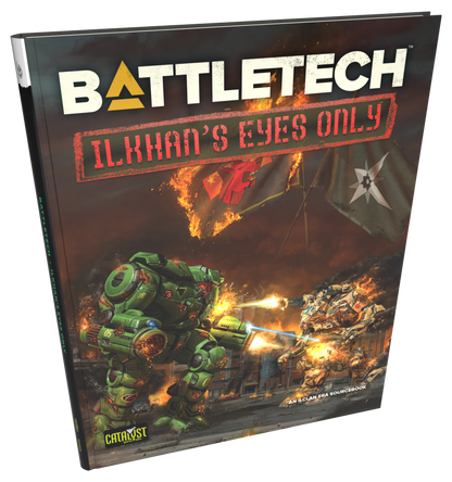 Battletech Ilkhan's Eyes Only sourcebook cover, a green Mech and a tan Mech battle in a burning cityscape with Clan flags overhead