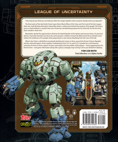 Weathered green and blue BattleMech illustration on the BattleTech ilKhan's Eyes Only sourcebook back cover, with narrative text and ISBN