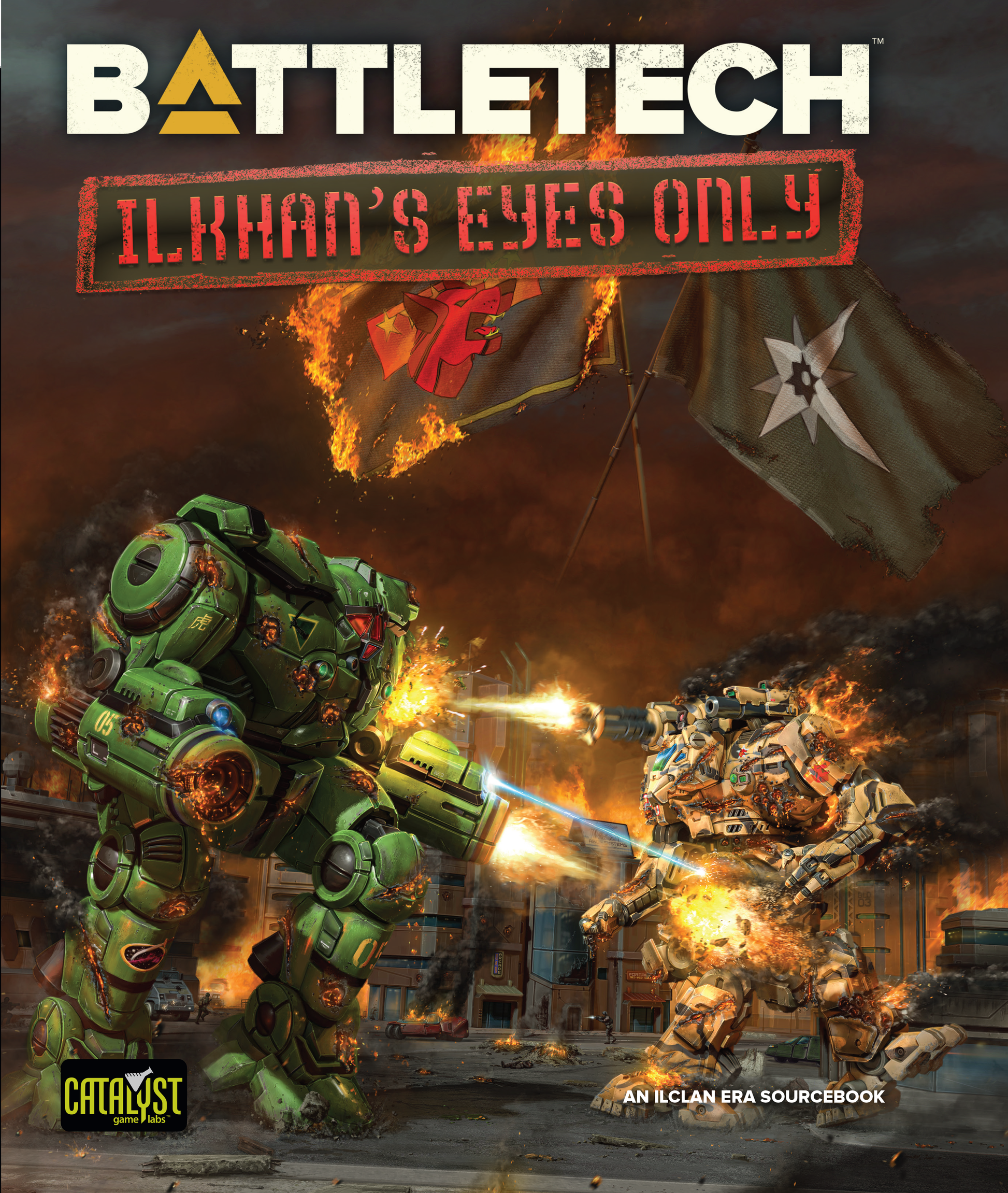 BattleTech Ilkhan's Eyes Only sourcebook cover, green and tan BattleMechs battle fiercely in a destroyed, burning city