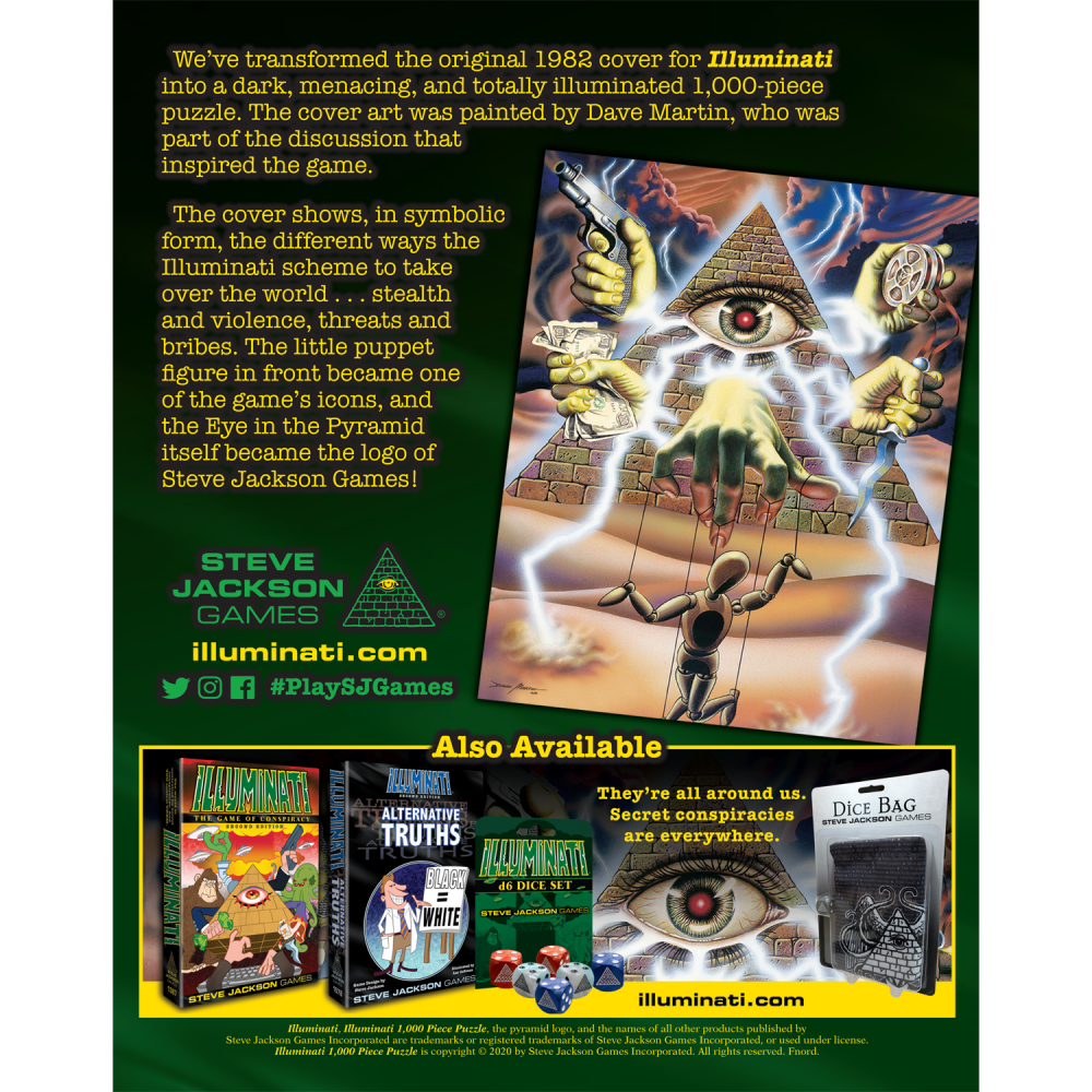 Illuminati 1000-piece puzzle cover: All-seeing eye pyramid with lightning, hands control a puppet, gun and money