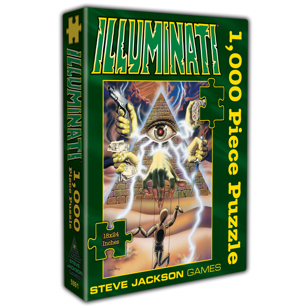 A green &quot;Illuminati&quot; 1000-piece puzzle box and artwork features an eye of providence pyramid, symbolic hands and a puppet