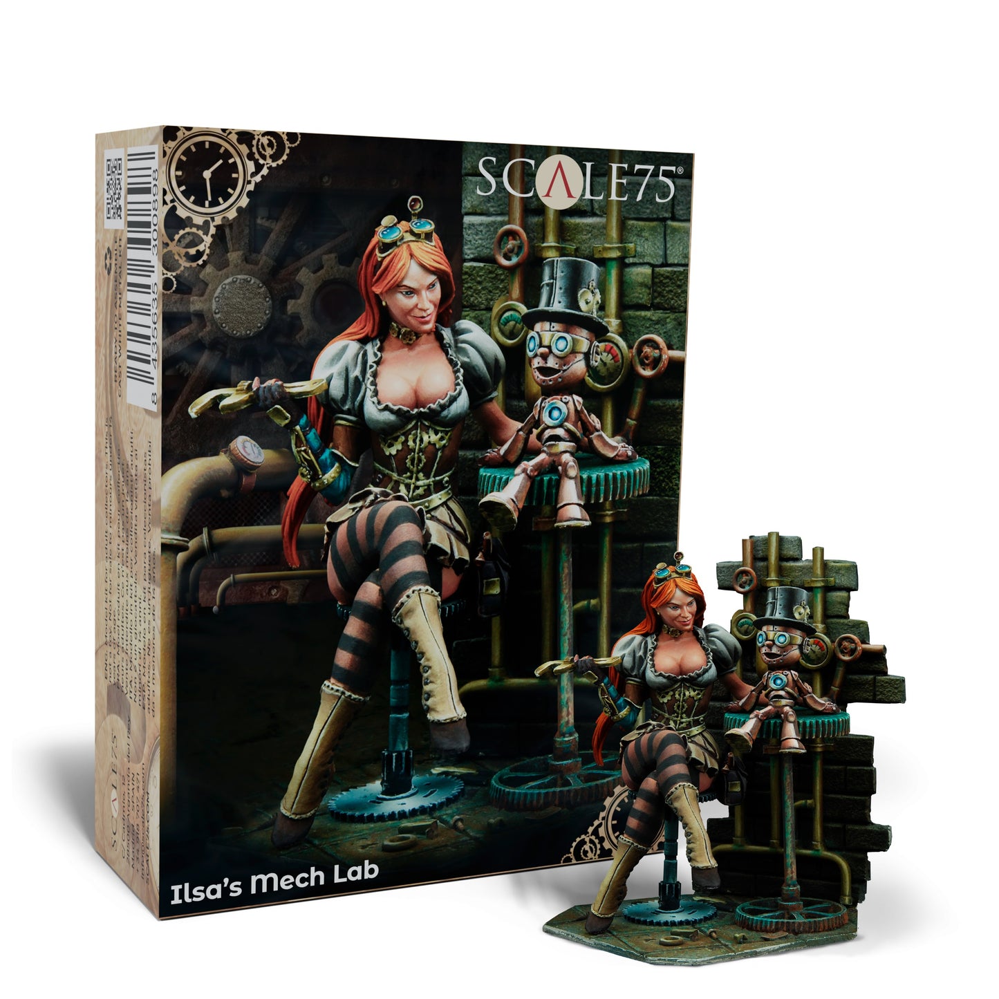 A steampunk woman with a wrench tends to a small robot in a detailed miniature scene, next to its product box.