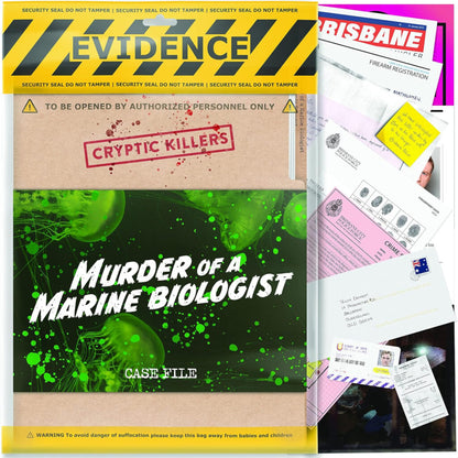 Evidence bag labeled "Murder of a Marine Biologist" featuring jellyfish, police records and fingerprints
