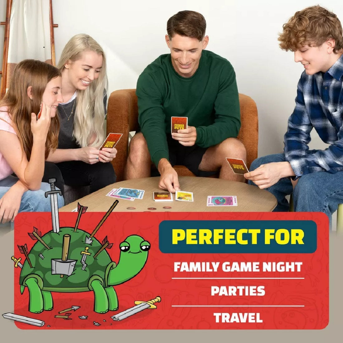 Four friends smiling and playing a card game together